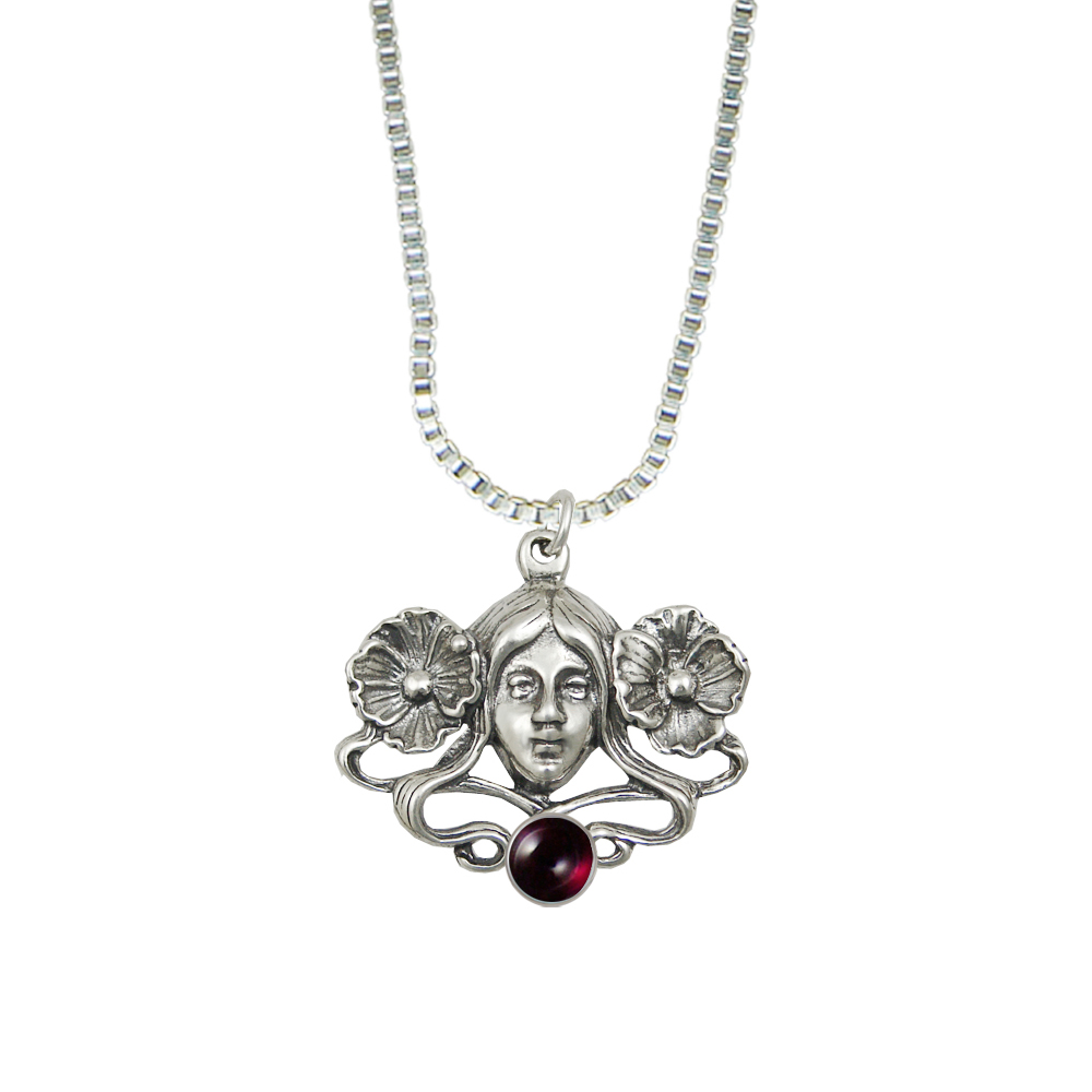 Sterling Silver Woman Maiden of the Garden Pendant With Garnet